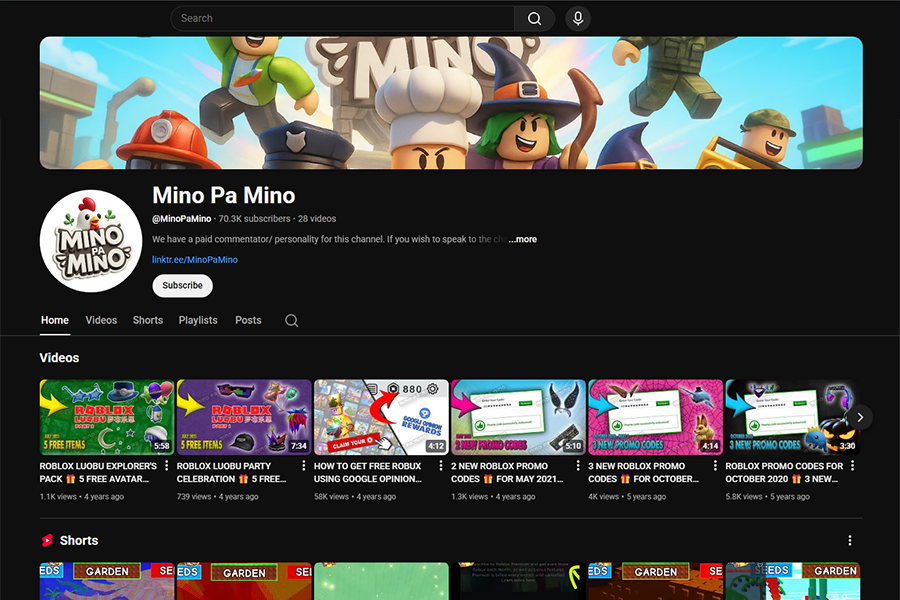MinoPaMino: Roblox Brand & Channel desktop website preview
