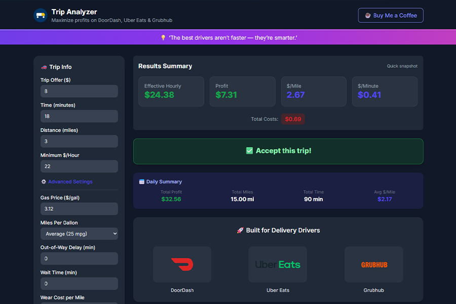 Trip Analyzer: Delivery Driver Calculator desktop website preview